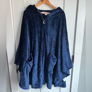 Cozelle Oversized Plush Velour Cozy Zip Up Robe Poncho Sapphire Blue One Size